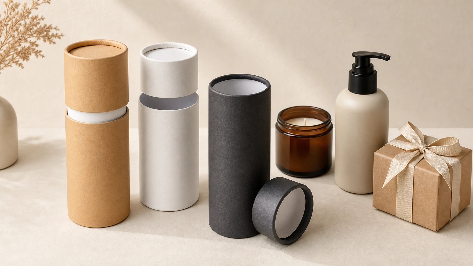 Open telescoping paper tube with measuring tools and separate body and lid artwork proofs