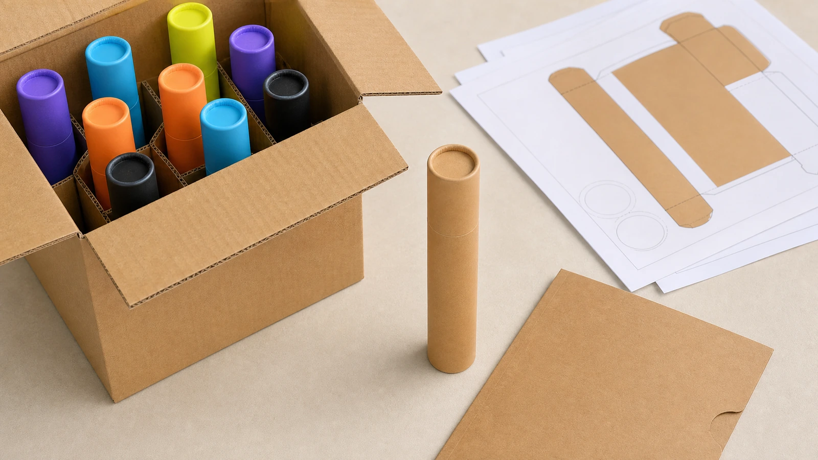 Inspector examining paper tube lid fit, printed edges and a loaded sample beside measuring equipment