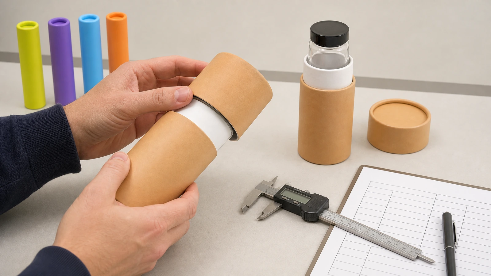 Concept paper tubes arranged in a protective shipping carton beside a retained sample and reorder documents