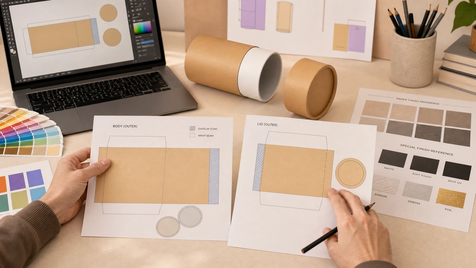 Concept kraft and printed paper tube finishes with overlapping lids and a separate seal-label sample