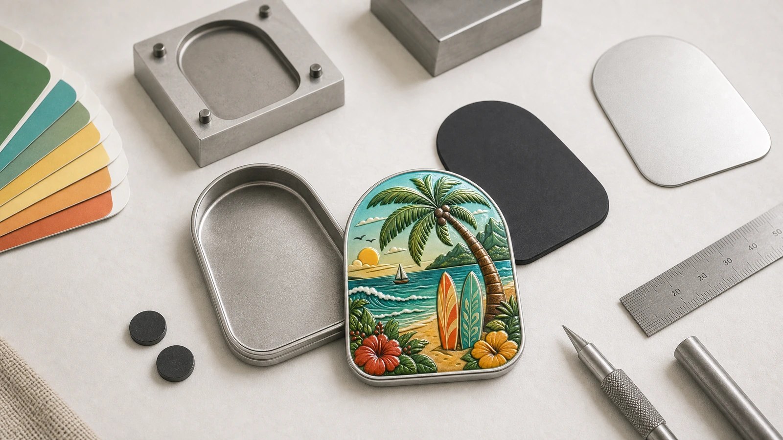 Souvenir and promotional purchasing scenarios Concept display of embossed tinplate magnets for souvenir retail and branded gifting