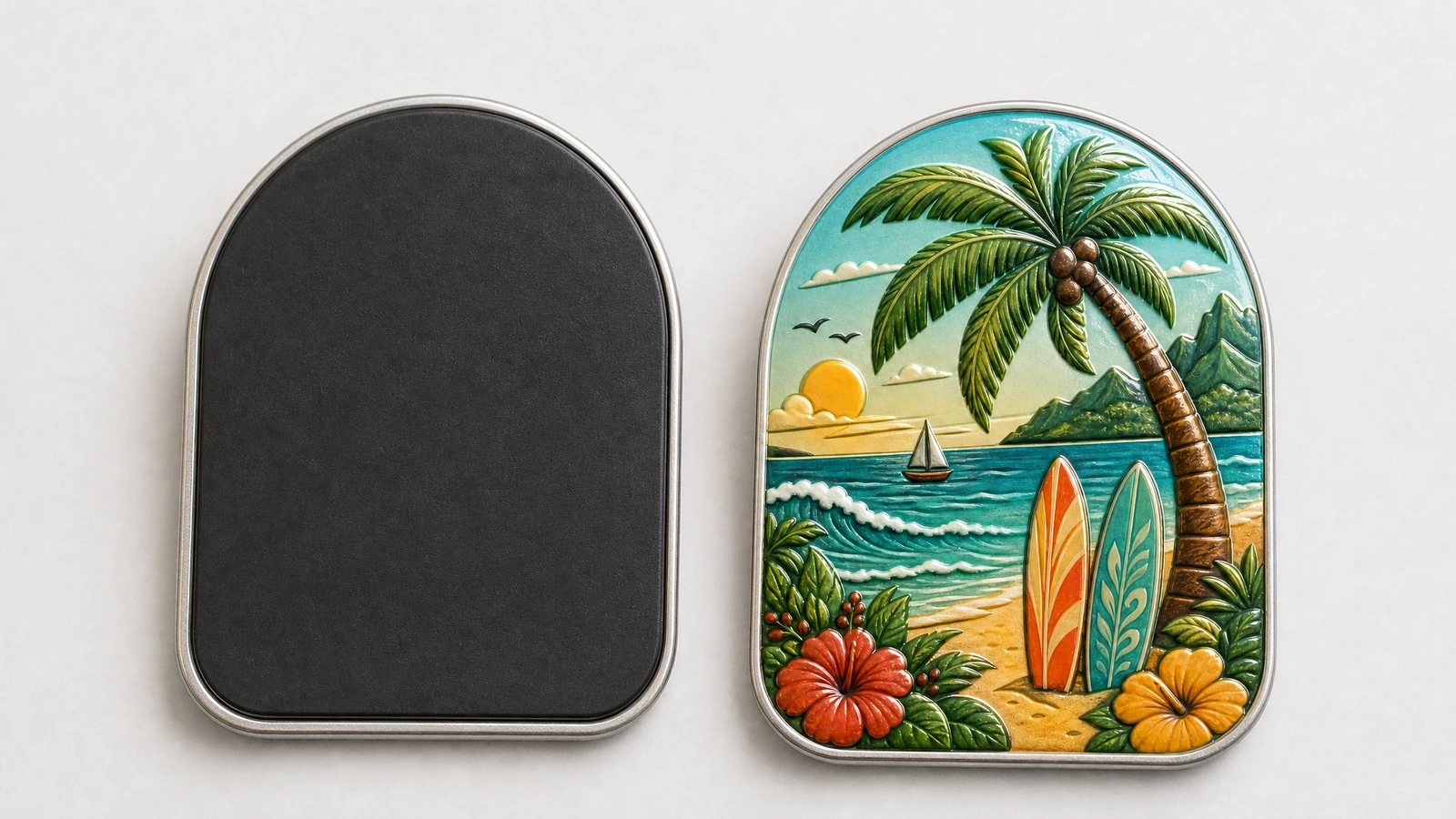 Finished dimensions and readable artwork Concept comparison of tinplate magnet sizes and artwork readability beside a ruler