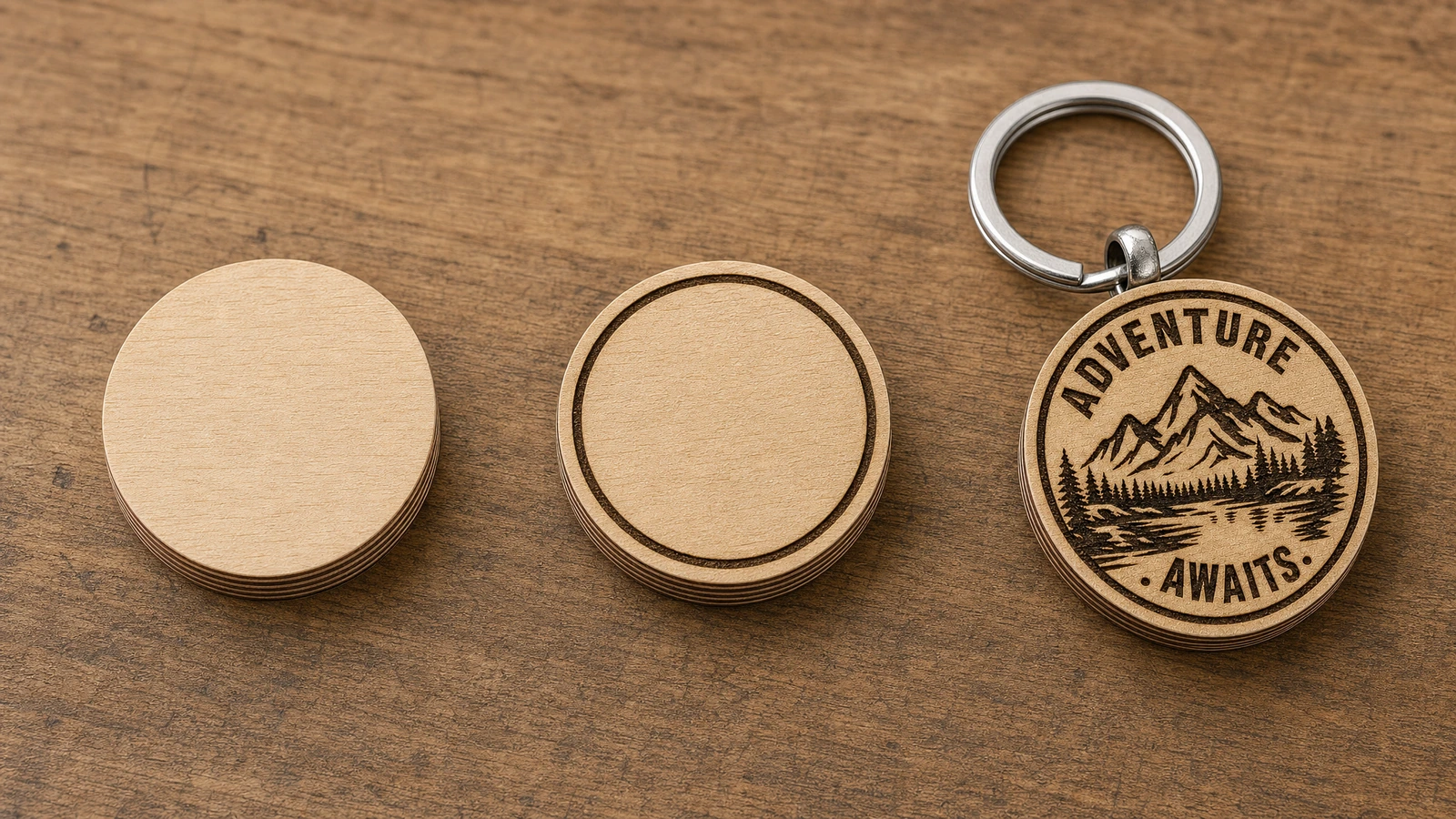 Artwork preflight before a physical keychain sample Illustrative artwork preflight desk showing a plywood keychain outline, engraving artwork, and attachment placement review
