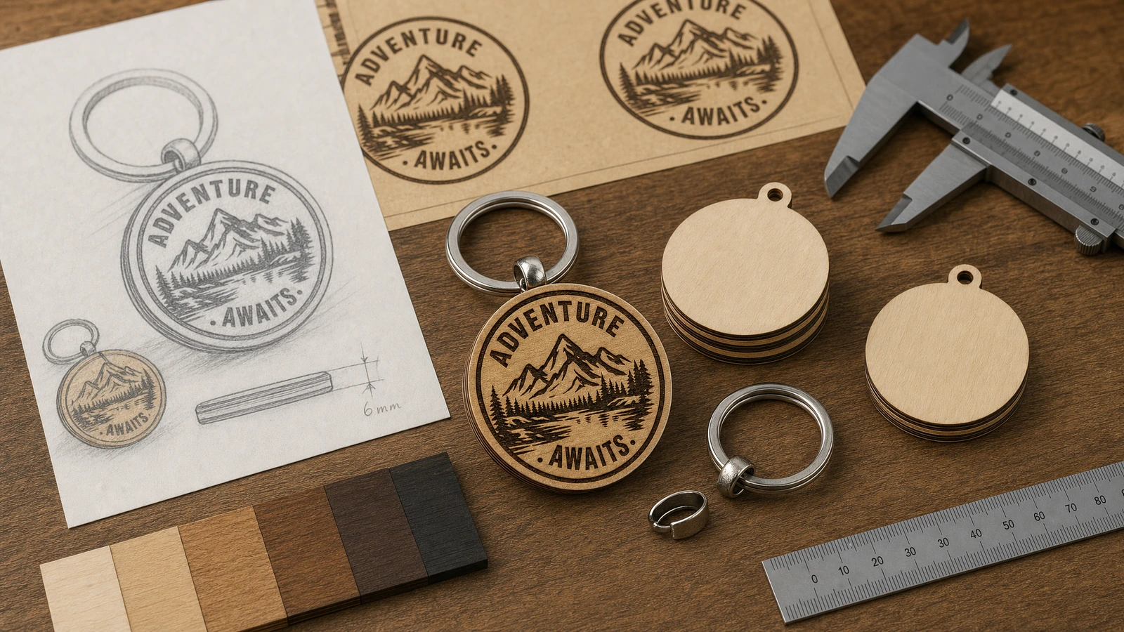 Plywood keychain applications and purchasing scenarios Illustrative plywood keychain concepts for branded merchandise, event gifts, and artist retail collections