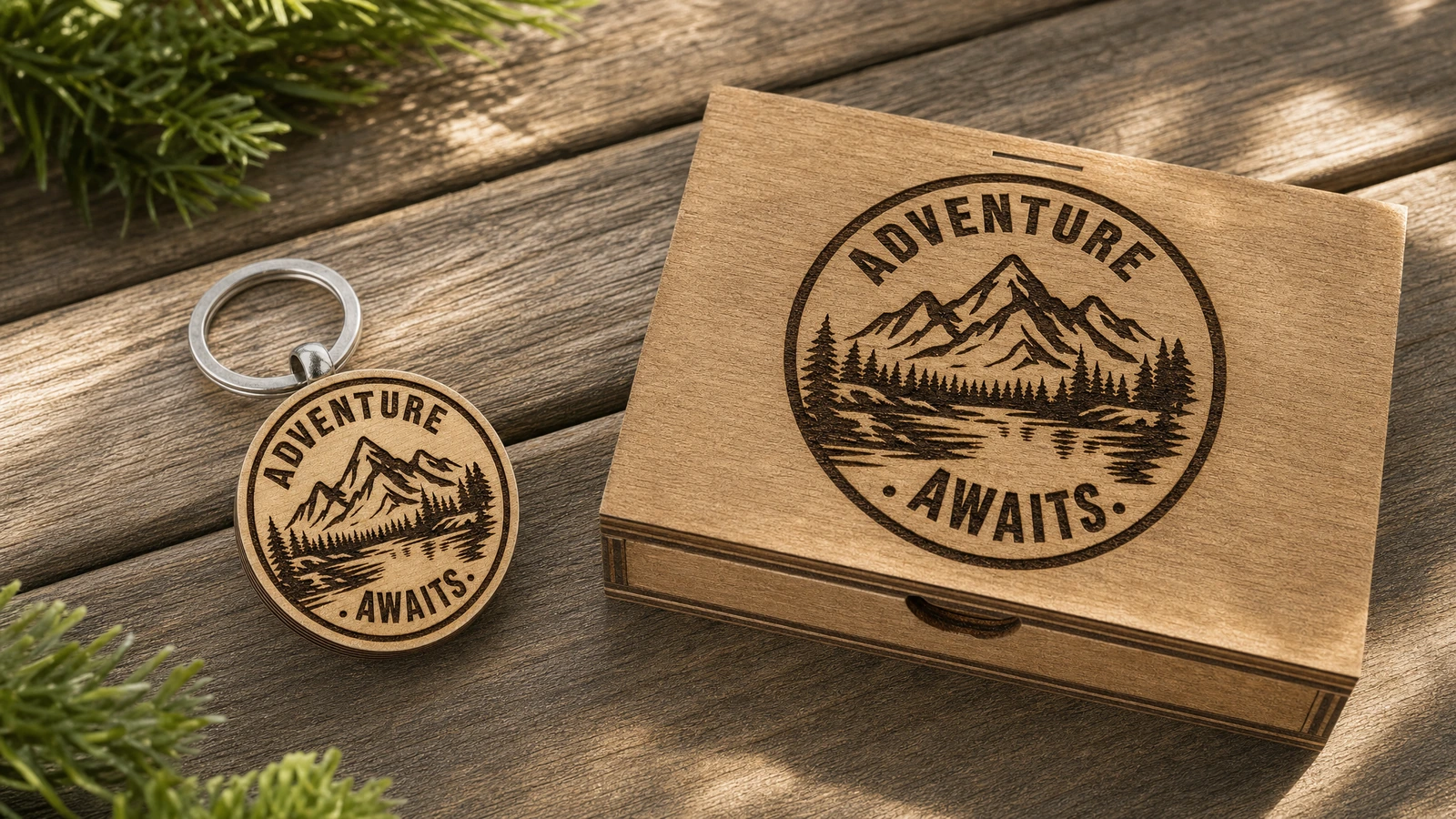 Conceptual stages from plywood selection to assembled keychain Illustrative sequence of plywood material, laser-cut blank, engraved body, and assembled keychain