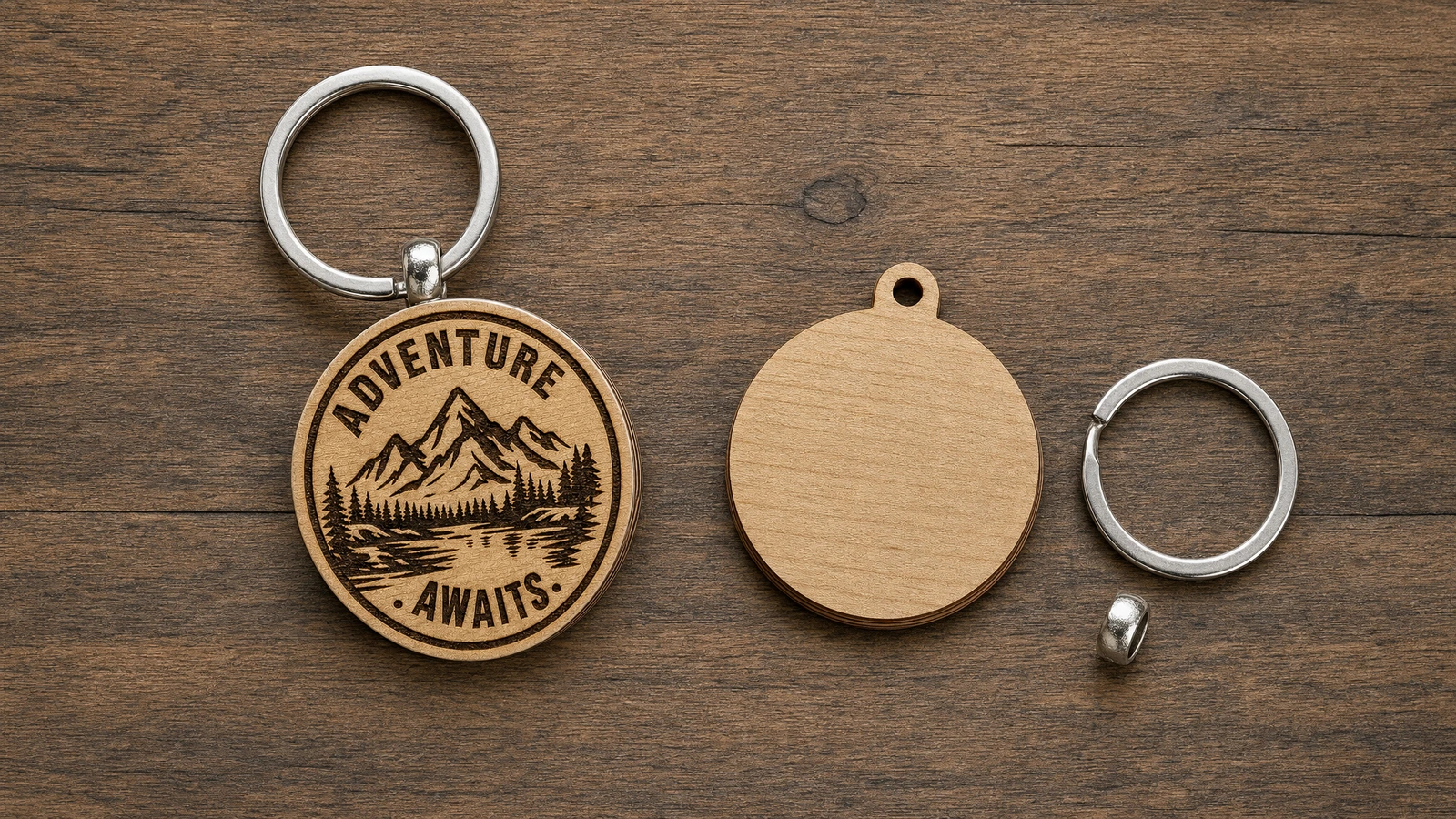 Finished dimensions and engraving readability review Illustrative plywood keychain sample beside a caliper and an actual-size artwork proof for readability review