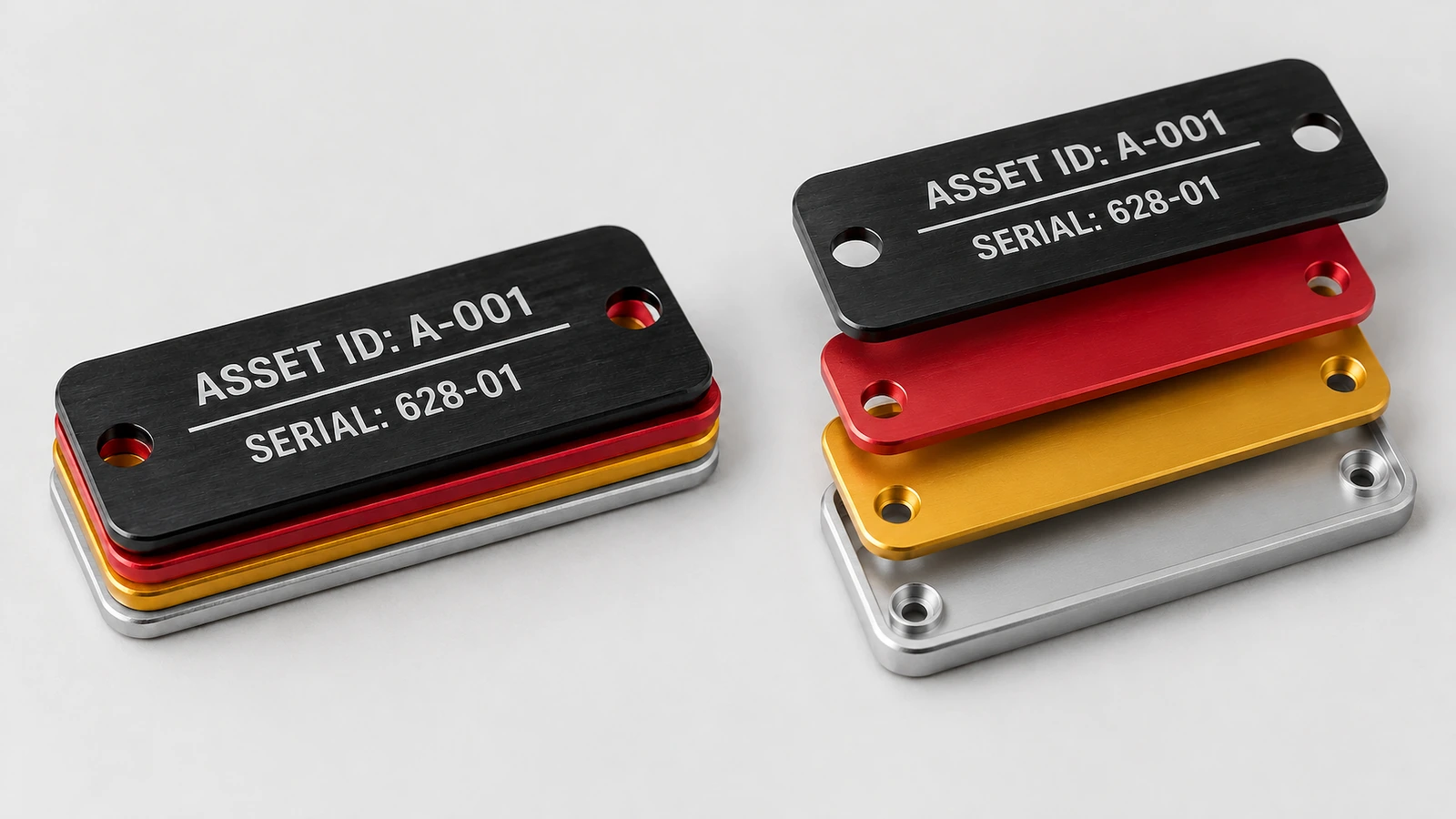 Tag size and barcode readability Aluminum asset tags in two sizes showing barcode quiet zone and human-readable text height