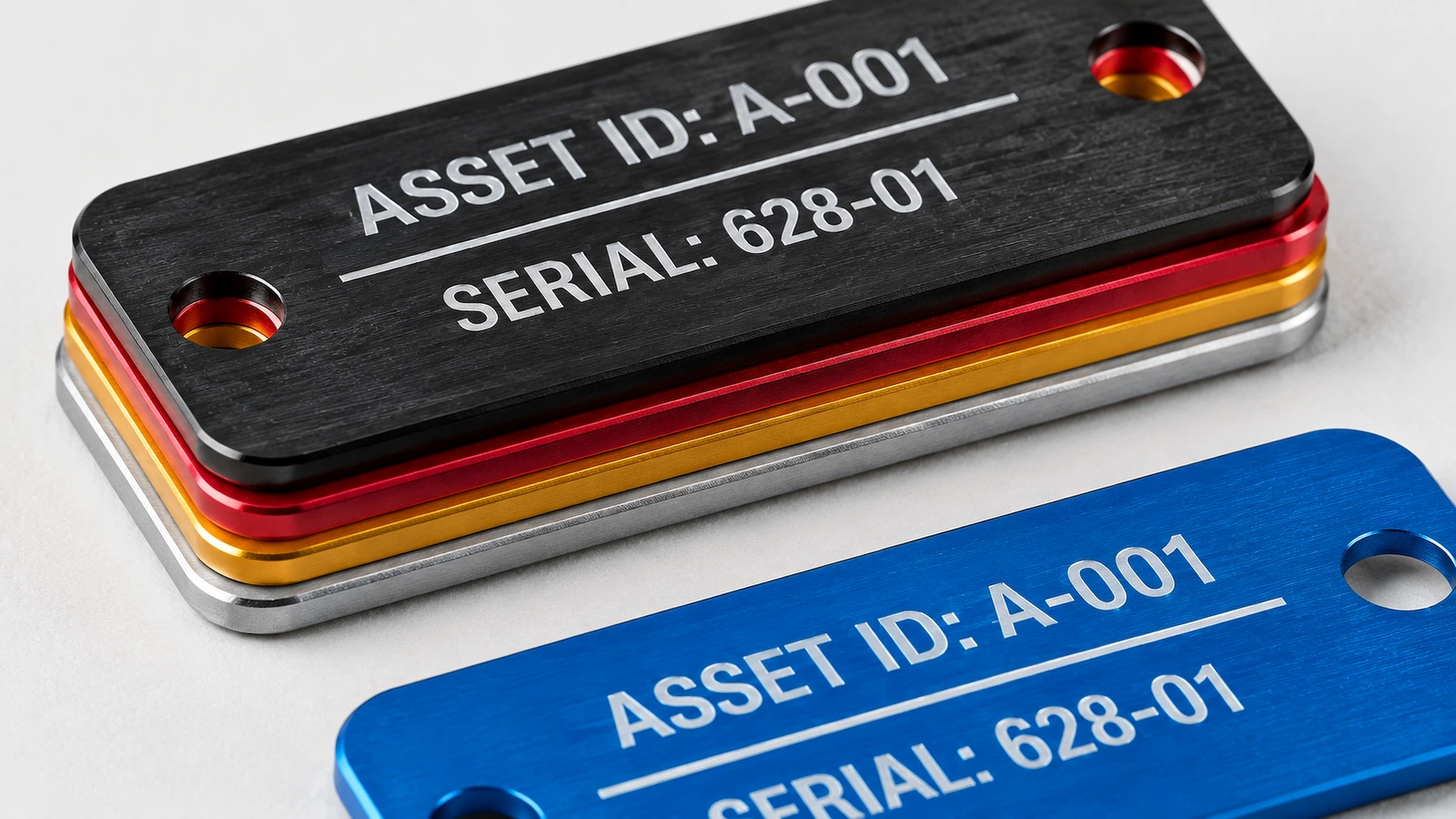 Surface finish and backing options Matte and brushed anodized aluminum tags with adhesive backing and pre-drilled rivet holes