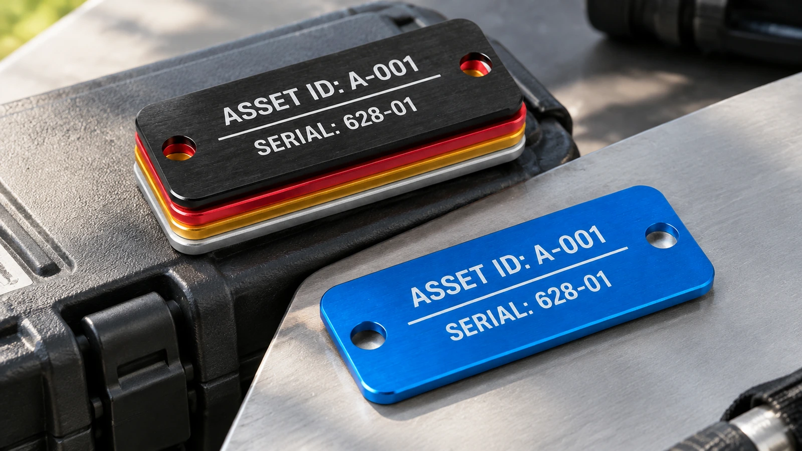 Production process: expose, develop, seal Anodized aluminum tag sheets moving through exposure, development, and sealing stations