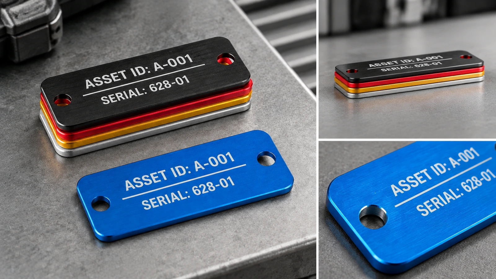 Packaging, shipping, and reorder records Aluminum asset tags packed in serial-order bundles with labeled range cards for shipping and reorder