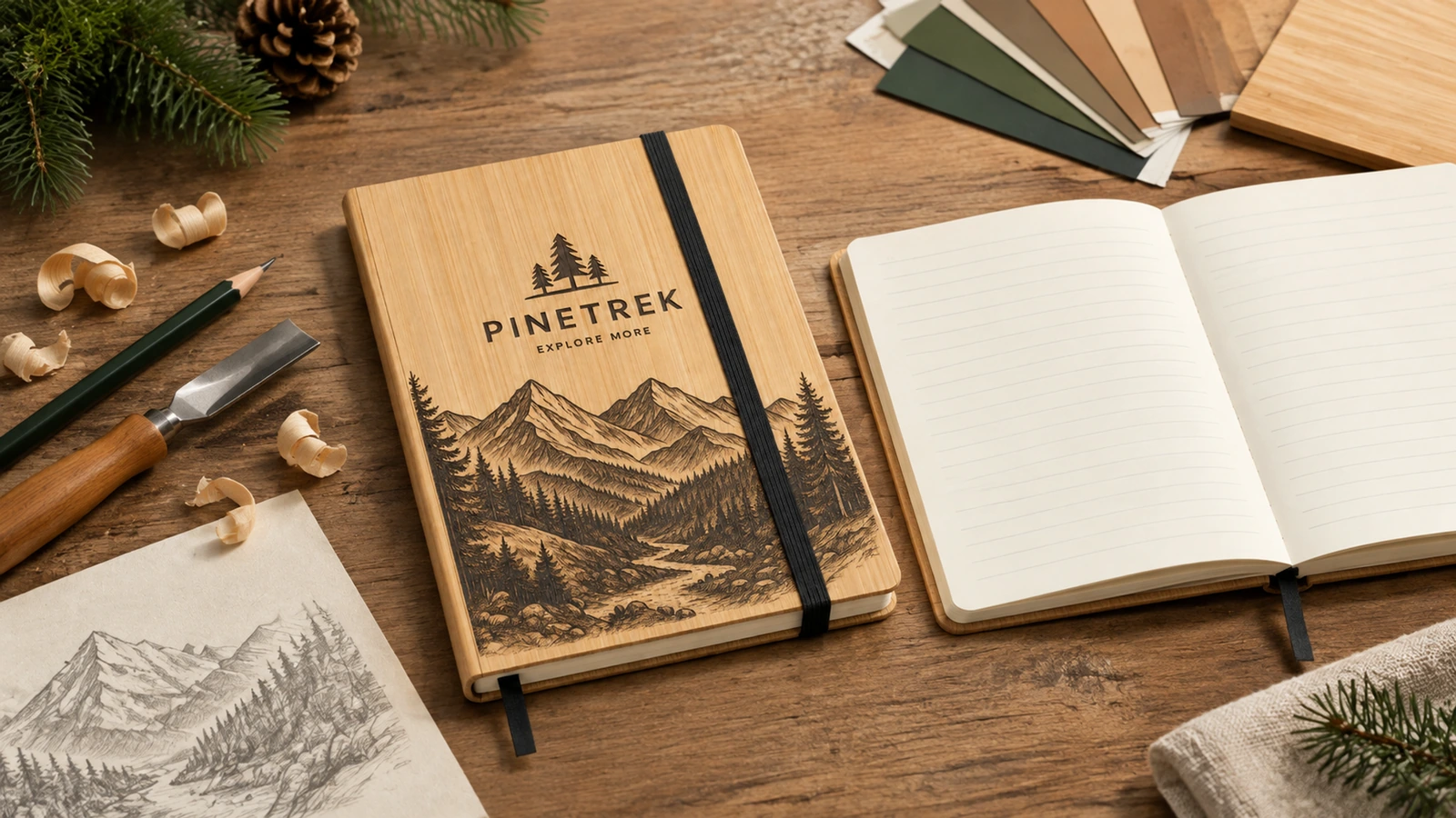 Bamboo notebook procurement and application scenarios Illustrative bamboo cover notebook concept for employee onboarding and conference gifting