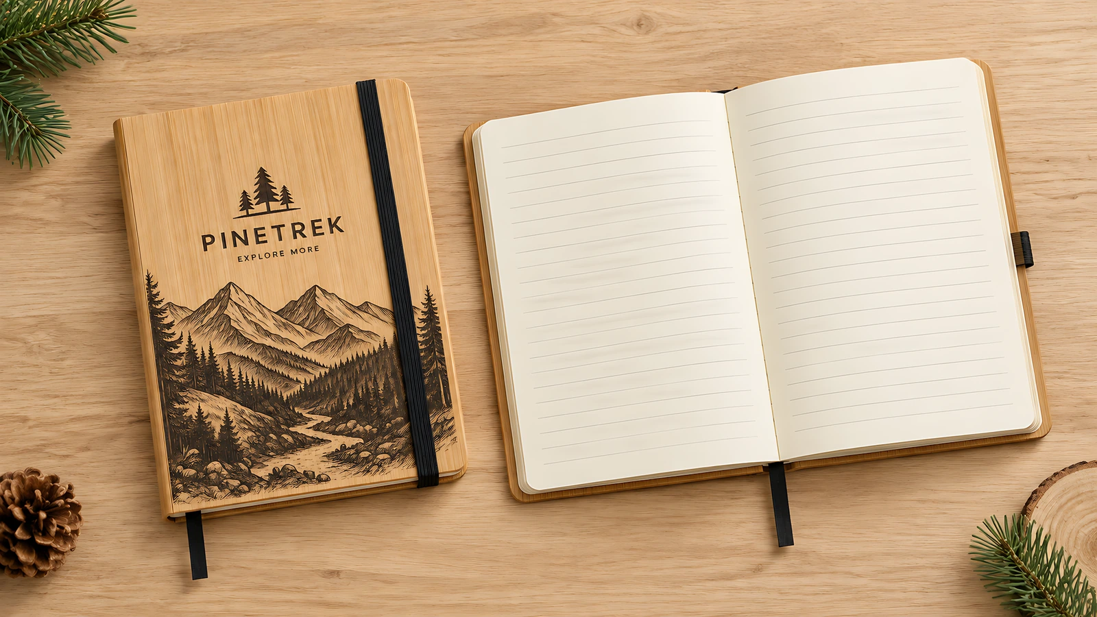 Check notebook dimensions and logo readability at actual size Illustrative size and readability check showing a bamboo notebook beside a ruler and artwork proof