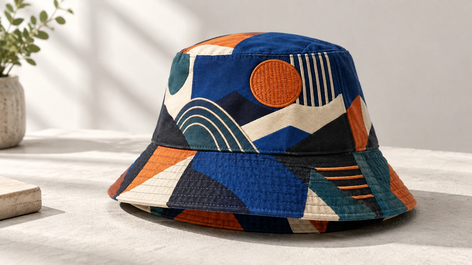 Bucket hat embroidery production Embroidery machine stitching a logo onto a hooped bucket hat crown with stabilizer backing
