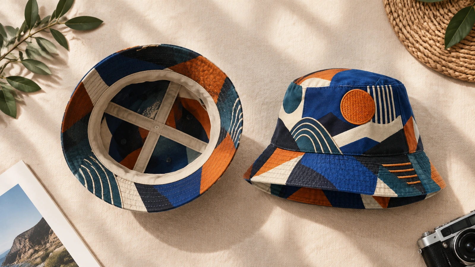Head size and logo readability planning Bucket hat with tape measure showing head circumference and front logo readability zone