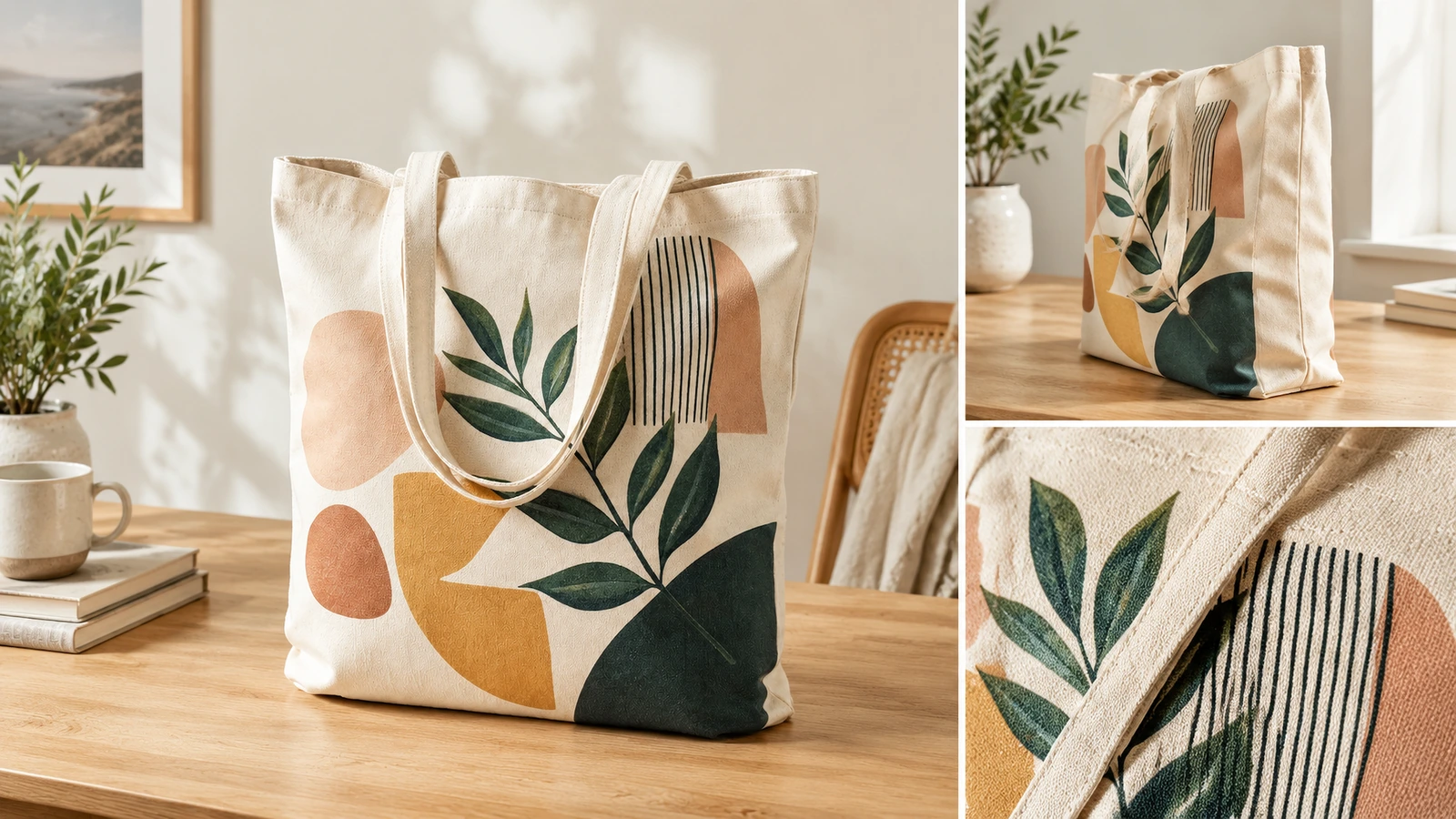 Folded branded canvas totes packed in moisture-resistant cartons with desiccant and reorder spec sheet