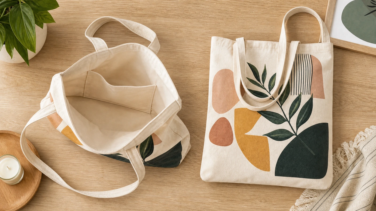 Canvas tote with measured imprint area, seam margins, and logo text legibility guide