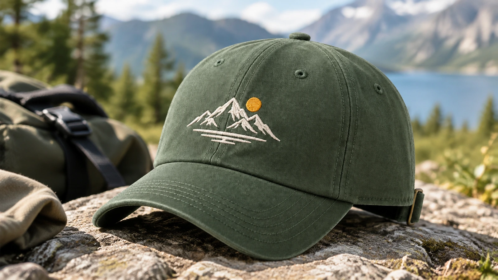 Multi-head embroidery machine stitching logos on 6-panel caps mounted on cap frames