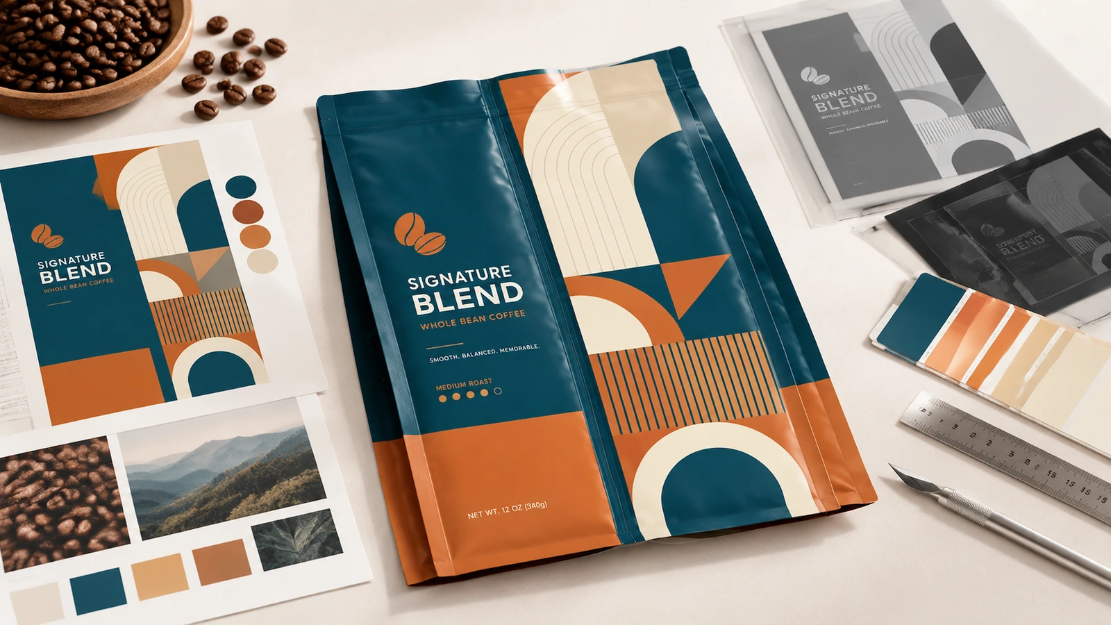 Evaluate center-seal pouches against the actual product and purchasing brief Center-seal flat pouch samples beside dry snacks and a purchasing specification sheet