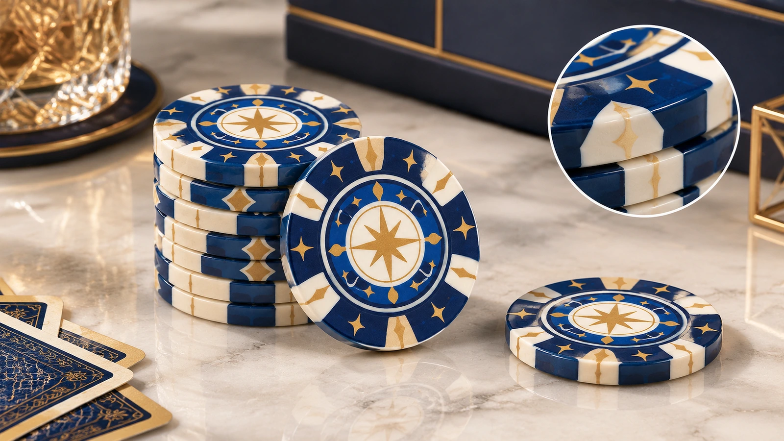 Denomination-labeled packaging, shipping and reorder records Ceramic poker chips packed in labeled rolls by denomination for shipping and reorder