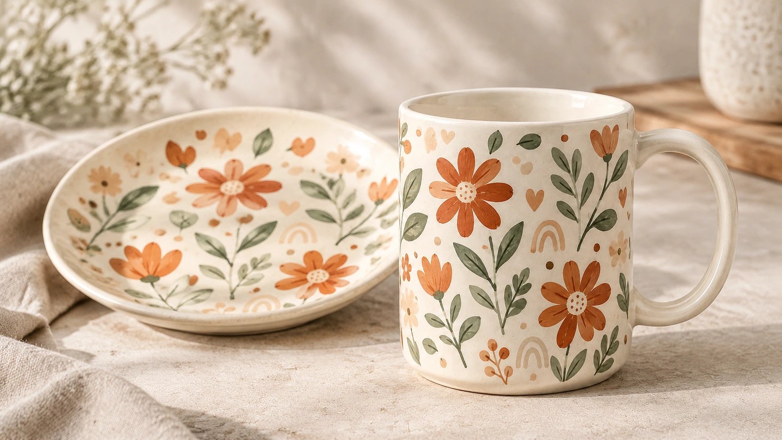 Custom ceramic mug production process Ceramic mugs moving through glazing, decal application, and kiln firing stages