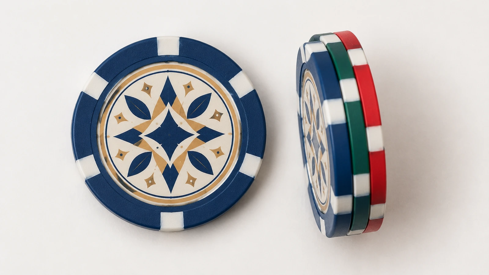 Caliper measuring 39 mm and 40 mm clay-composite poker chips with readable denomination numerals