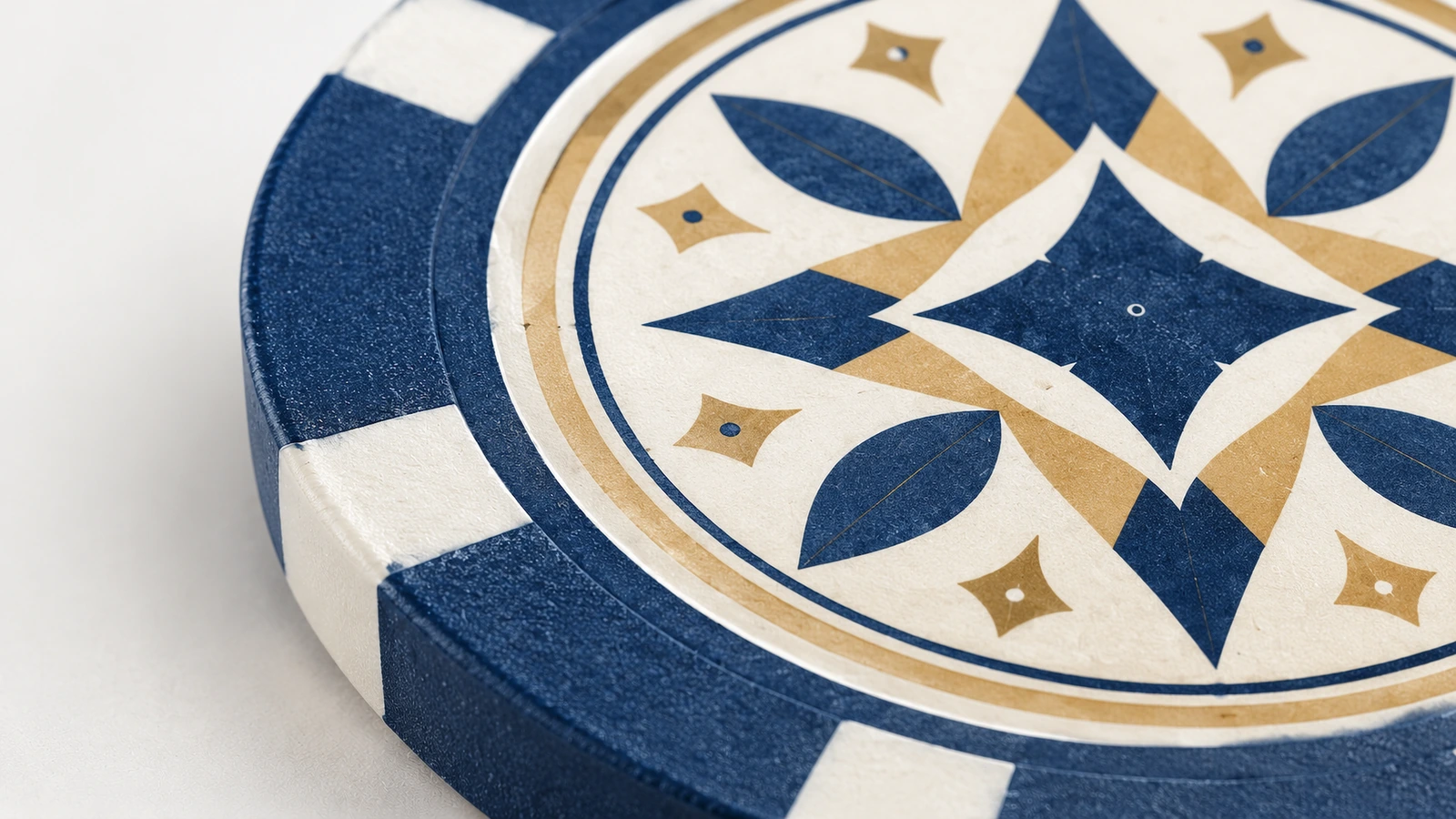 Clay-composite poker chip face options: center label inlay, hot stamp and direct print with edge spots