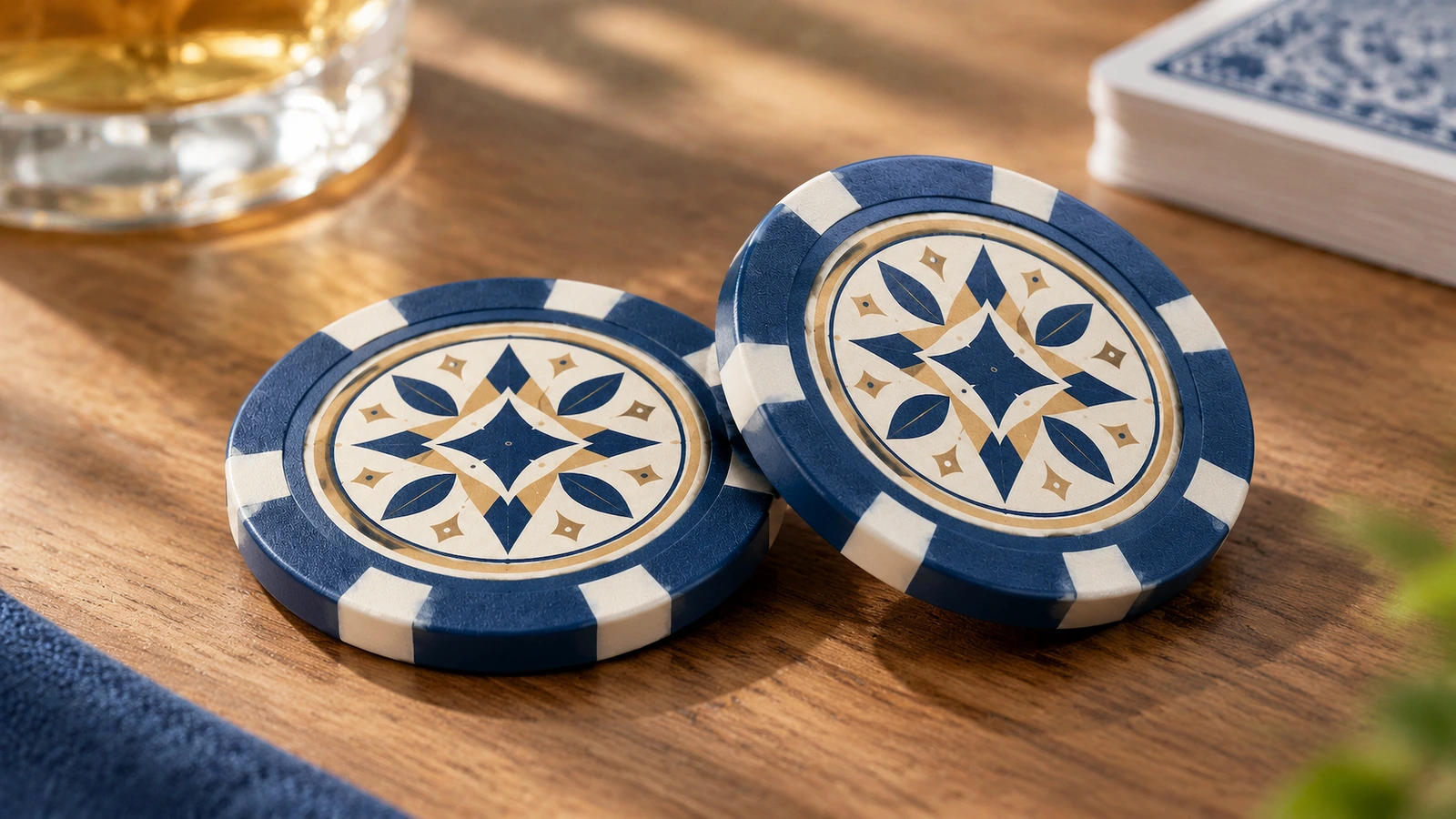 Clay-composite poker chips moving through molding, trimming and face printing