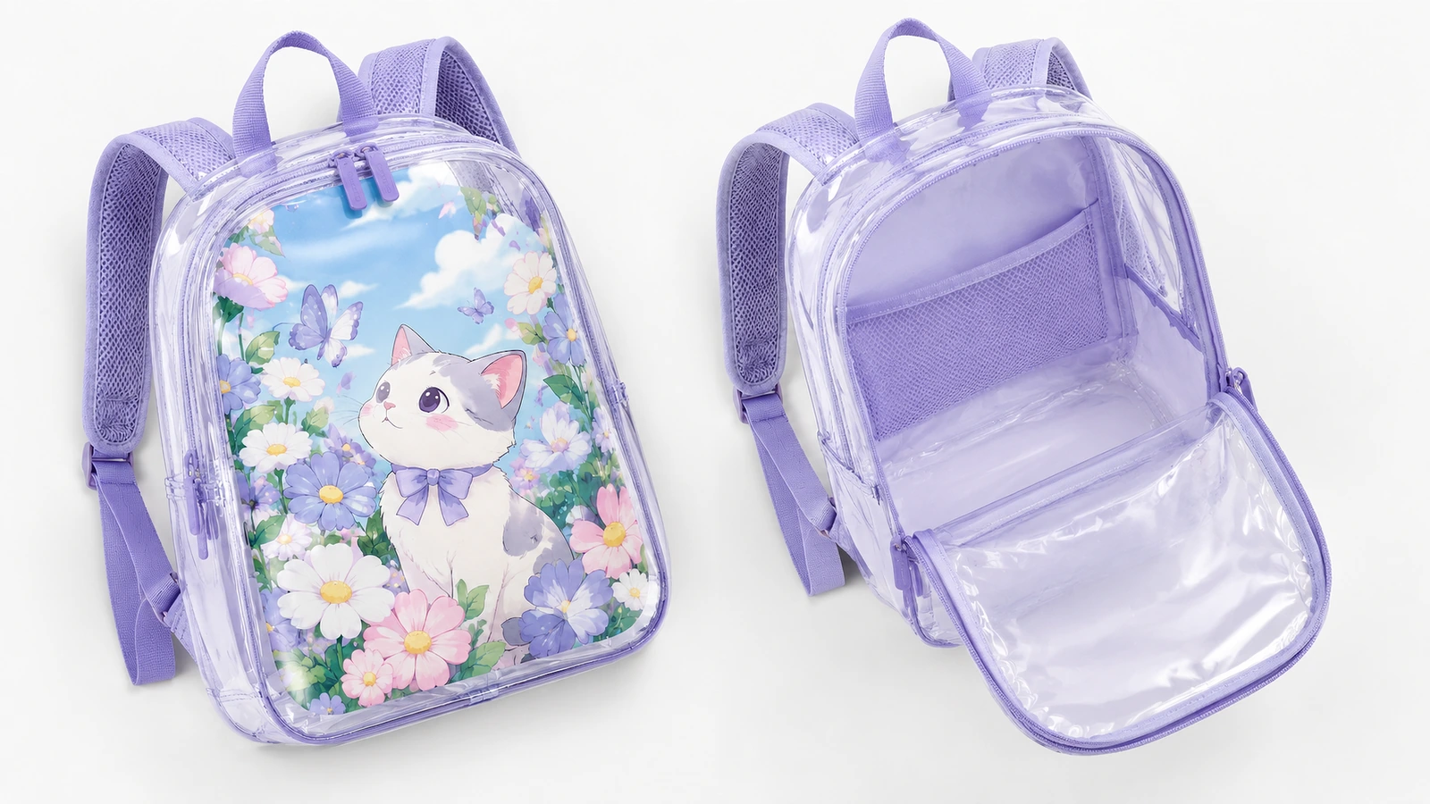 Illustrative clear PVC backpack sample being checked for exterior dimensions and content visibility