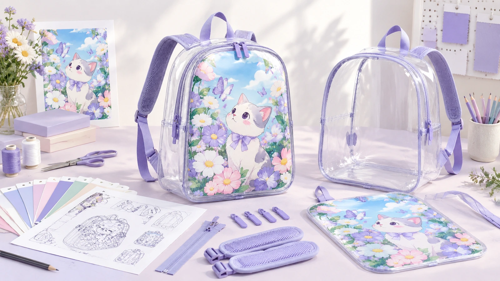 Illustrative clear PVC backpack concepts for school, workplace and event purchasing
