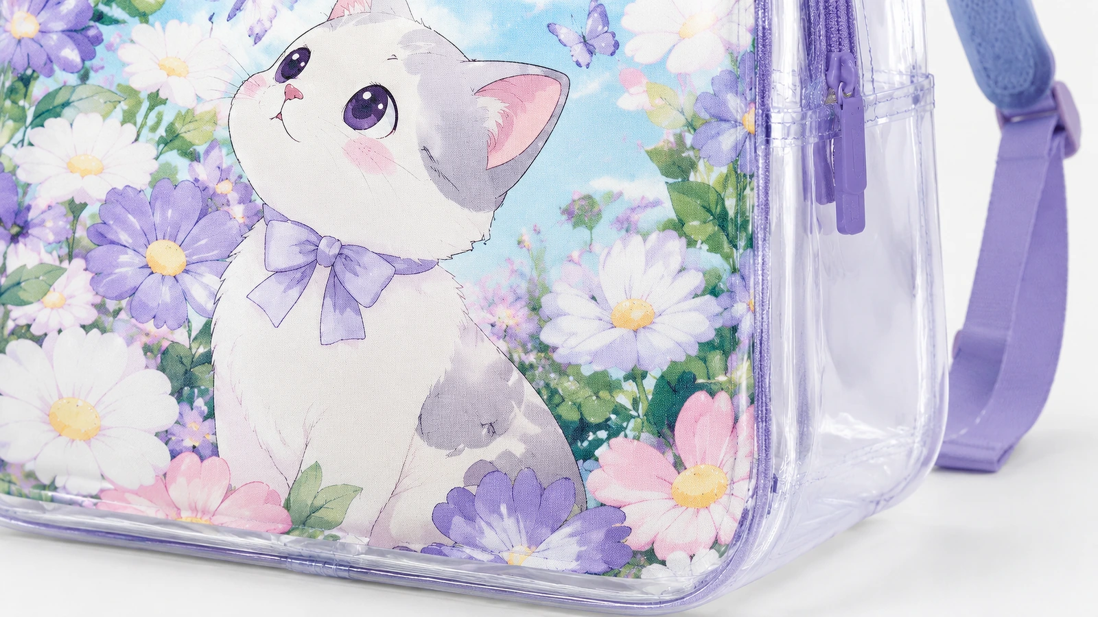 Illustrative transparent panel, trim, shoulder-strap and back adjuster options for a PVC backpack