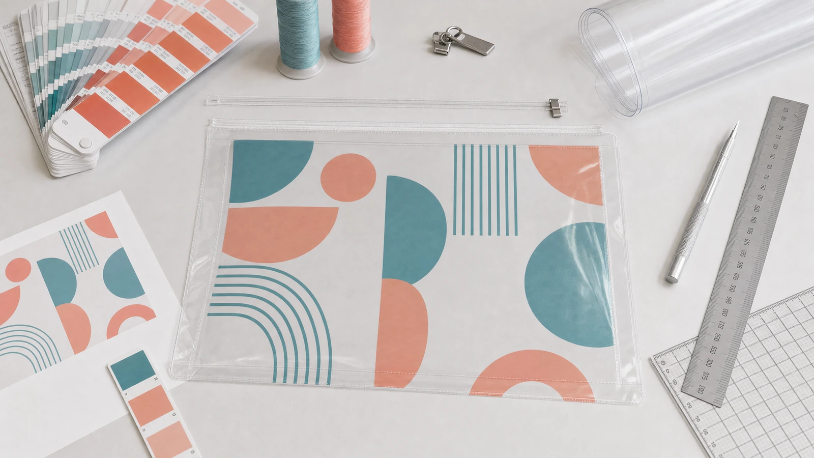 Application planning for custom clear PVC zipper pouches Concept clear PVC zipper pouches beside cosmetic products, onboarding accessories, and jewelry cards