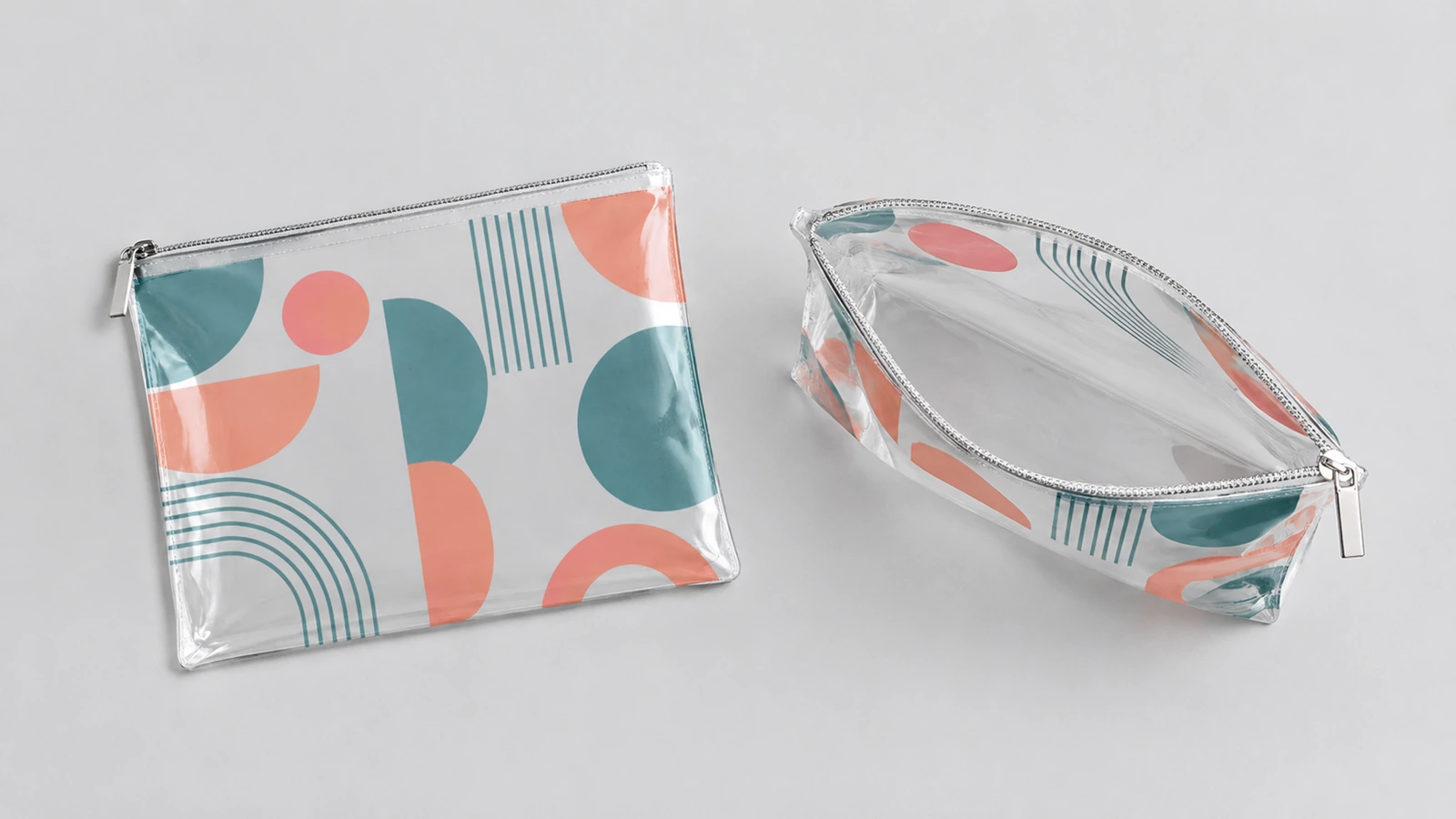 Check usable dimensions and branding against actual contents Clear pouch concept with a dimension drawing and filled-sample logo visibility comparison
