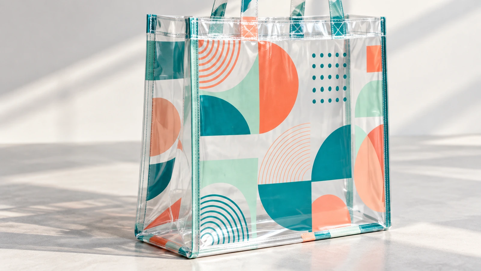 Illustrative clear tote workflow from film selection and cutting through printing assembly and sample comparison