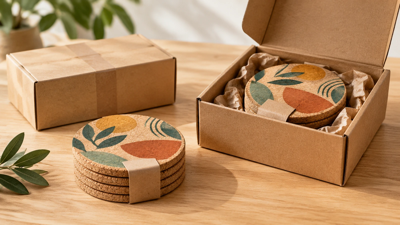 Quality inspection of custom cork coasters Inspector measuring cork coaster thickness and comparing print to approved sample