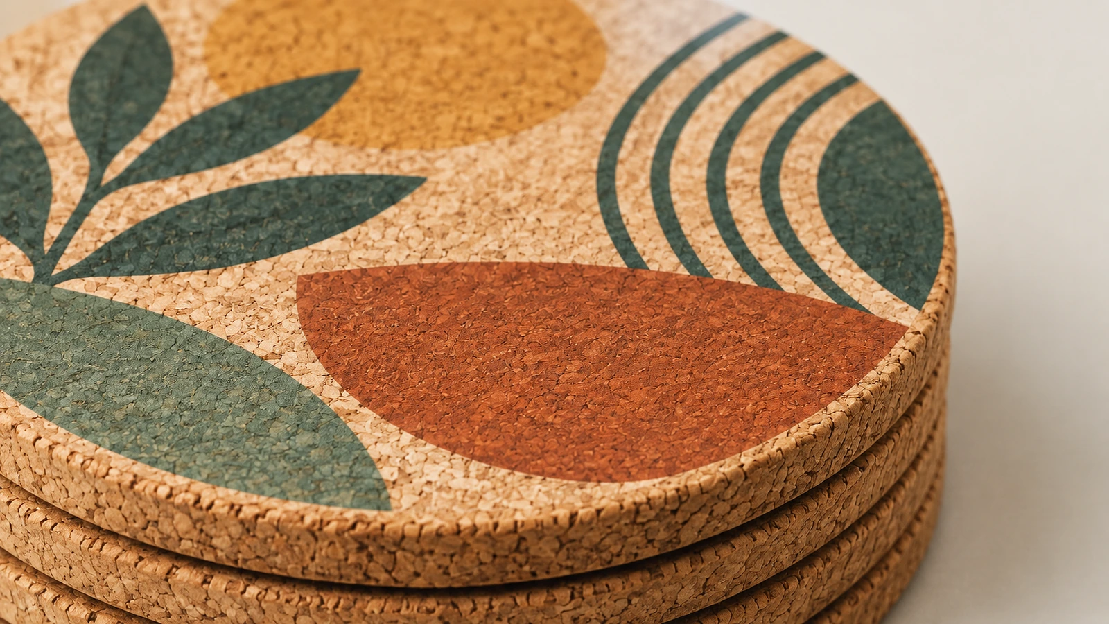 Cork coaster surface and backing options Side-by-side cross sections of pure cork, cork with hardboard top and cork-backed laminate coasters