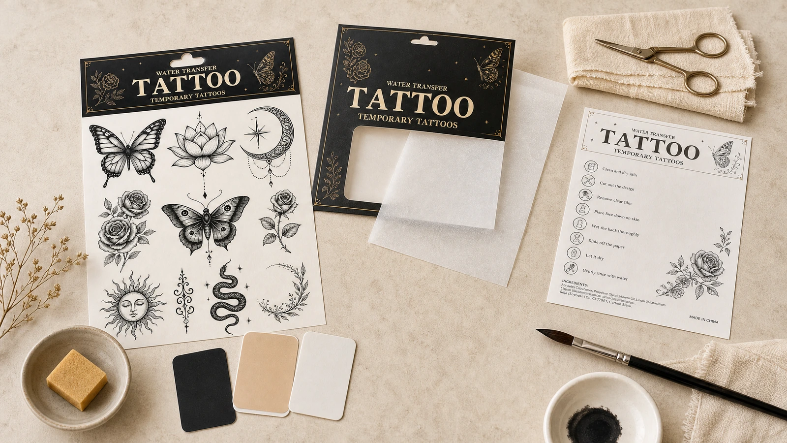Guests applying custom temporary tattoos at a party table
