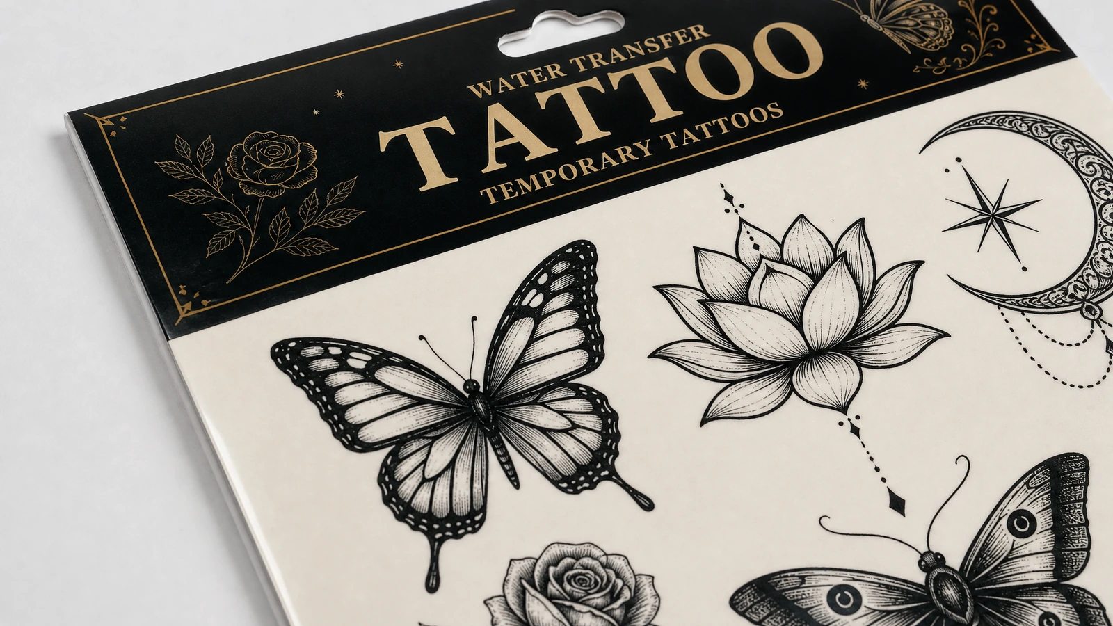 Glossy water-transfer paper beside matte waterless film tattoo backing