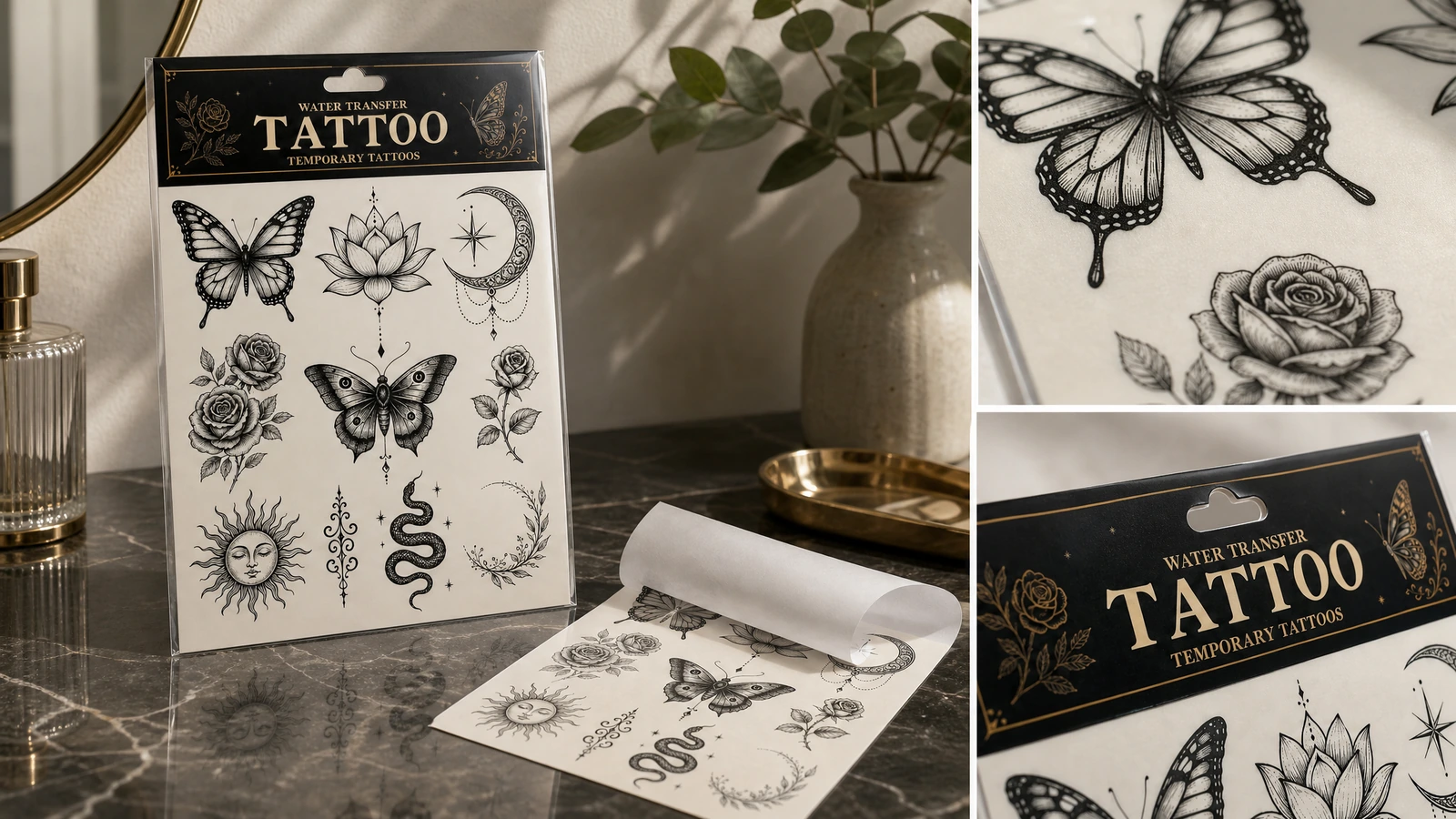 Flat-packed custom tattoo sheets with ingredient labels ready for shipping
