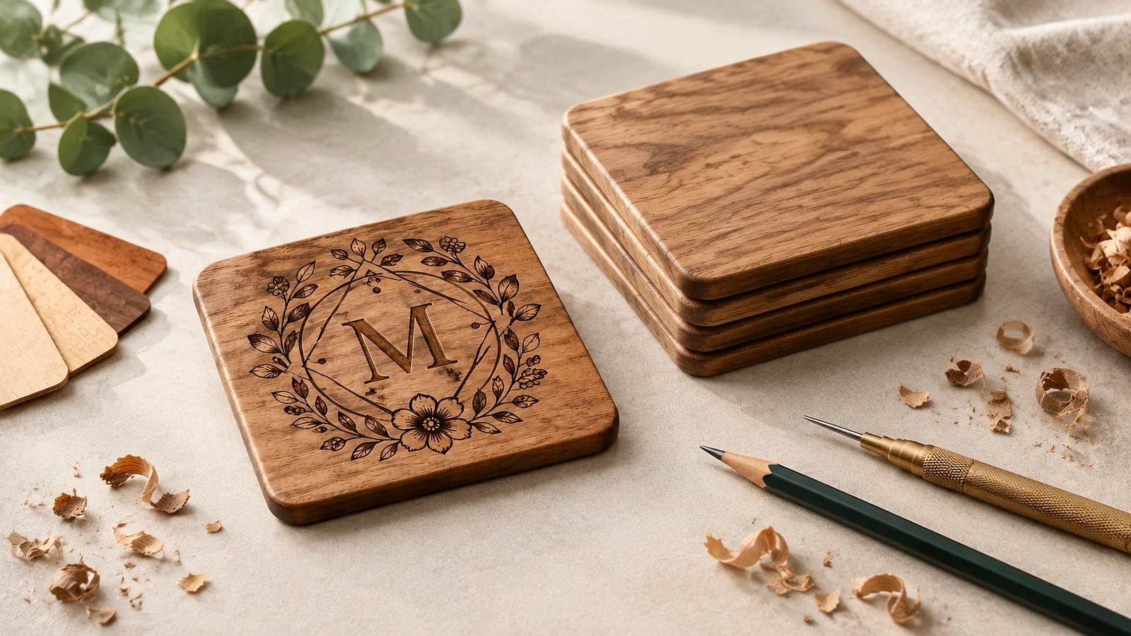 Custom engraved wooden coasters in gift and business settings Custom engraved wooden coasters used as wedding favors, housewarming gifts and restaurant logo coasters