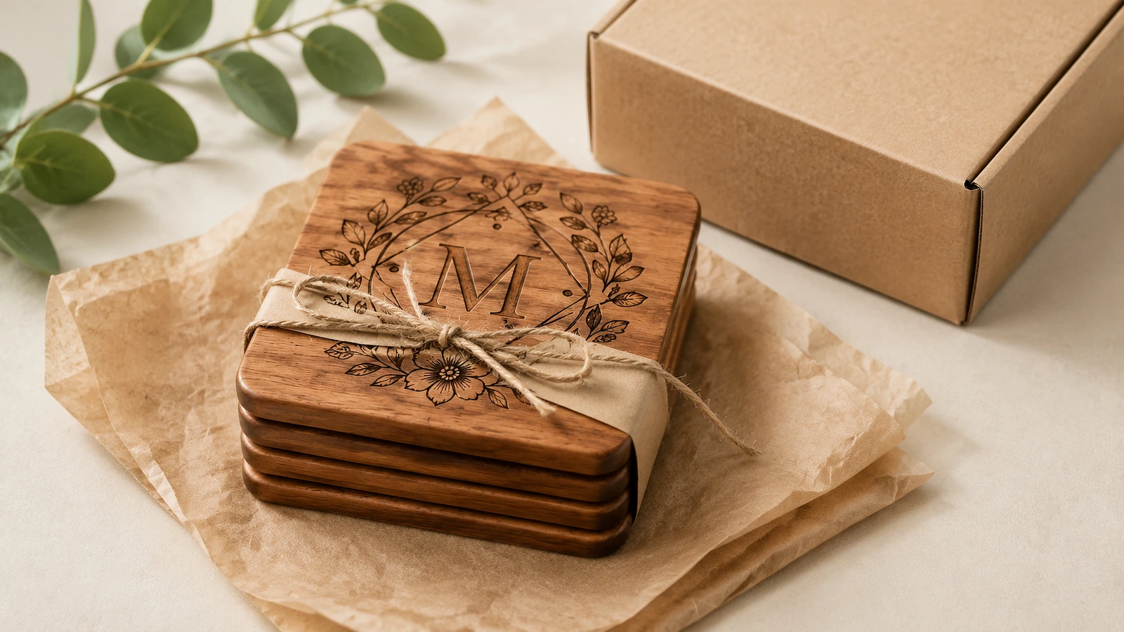 Quality inspection for engraved wooden coasters Quality inspection of custom wooden coasters checking flatness, engraving contrast and cork backing alignment