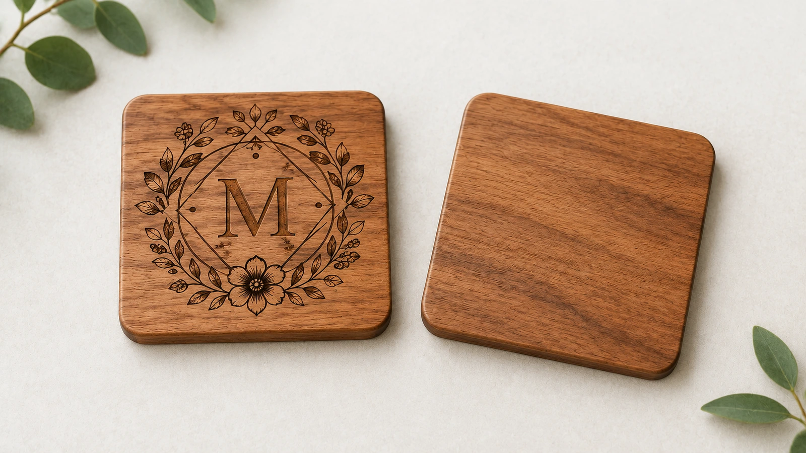 Coaster size and engraving readability reference Wooden coaster size guide comparing 4 inch and 3.65 inch diameters with engraved text legibility
