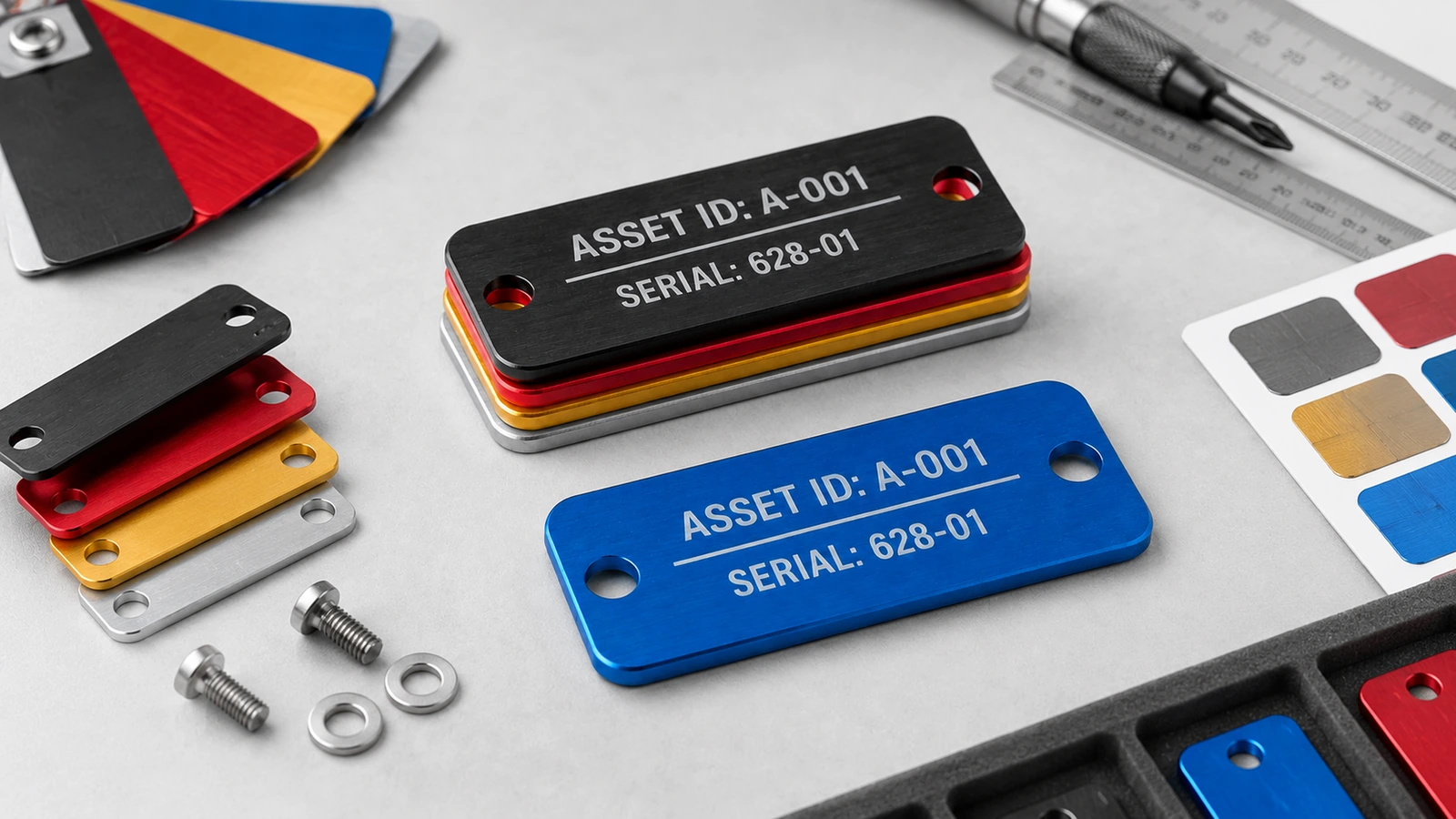 Where custom anodized aluminum asset tags are used Custom anodized aluminum asset tags riveted to outdoor equipment and adhered to IT hardware