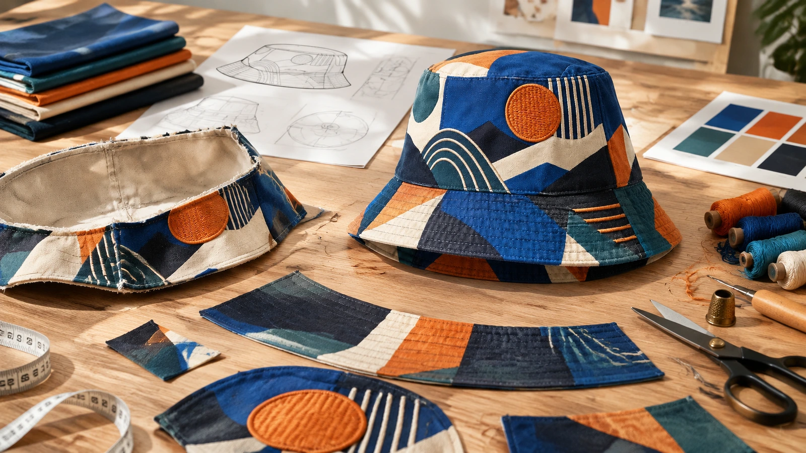 Custom bucket hats for team and event orders Team members wearing matching custom embroidered bucket hats at an outdoor event
