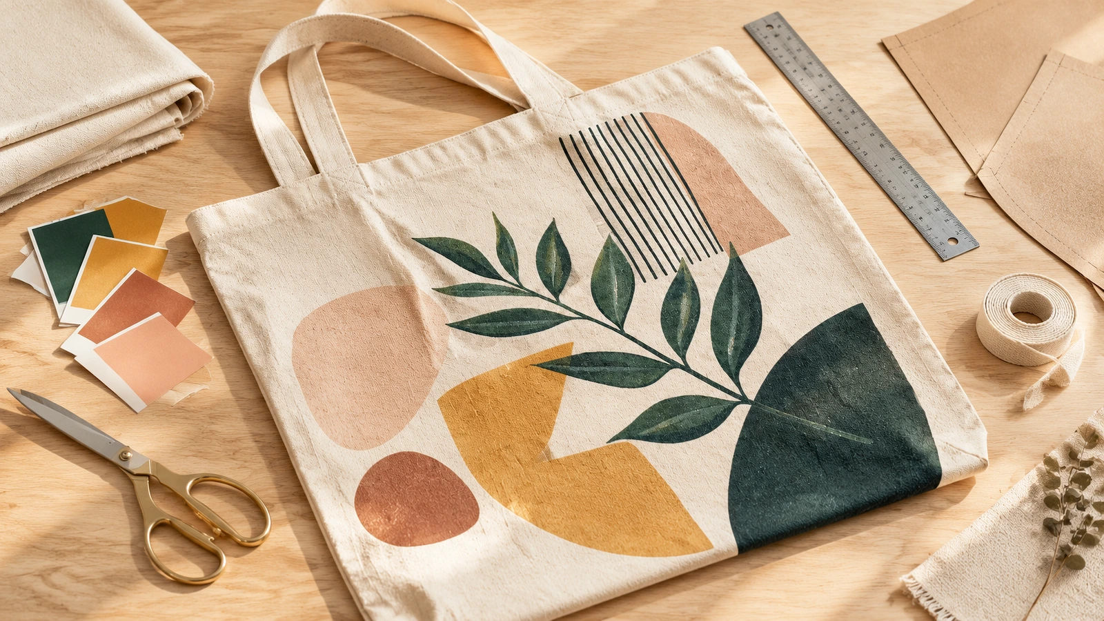 Branded natural canvas tote bags handed out at a corporate conference registration desk