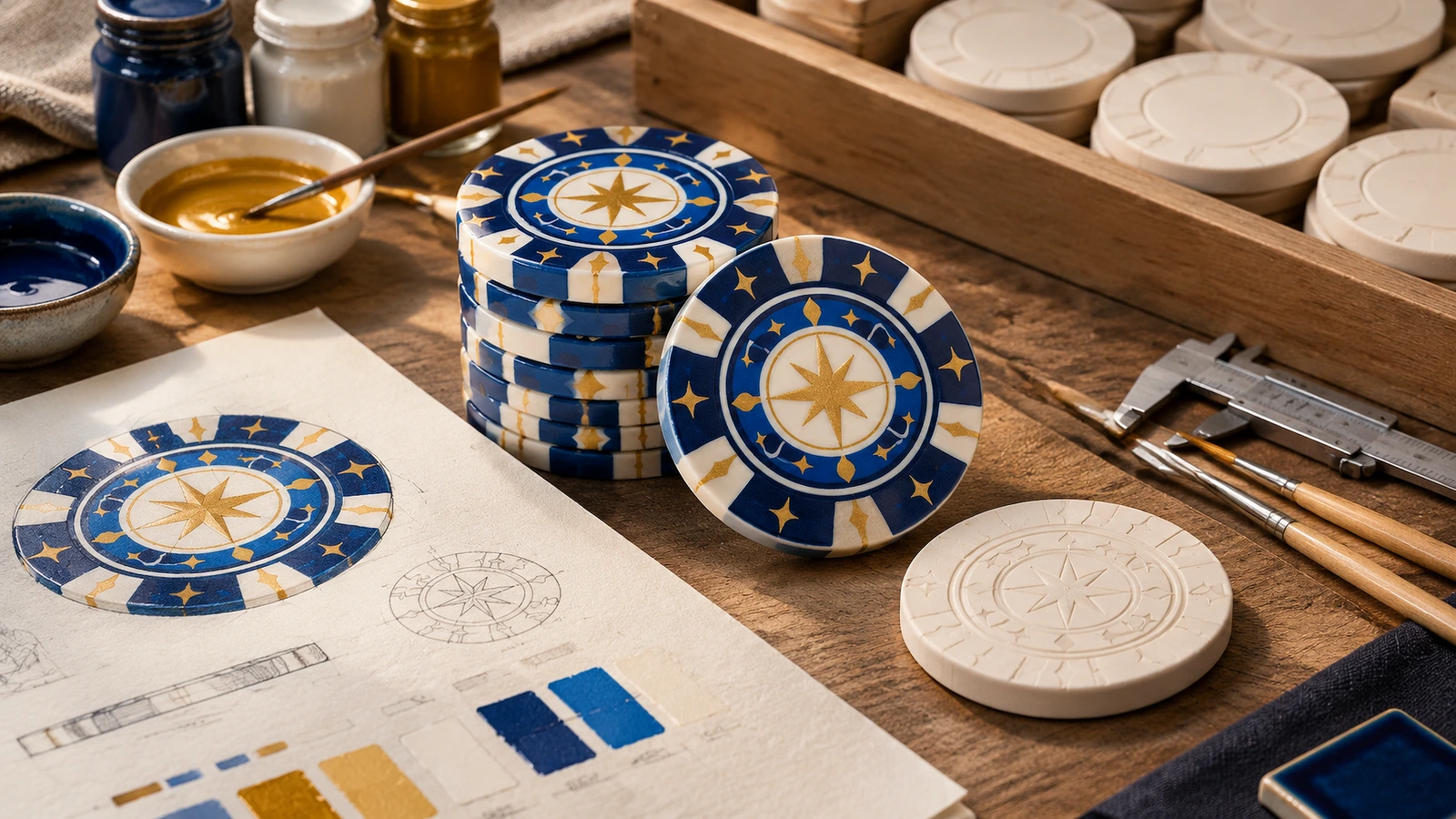 Custom ceramic poker chips for home games and branded events Custom ceramic poker chips stacked on a home game table beside branded event chips