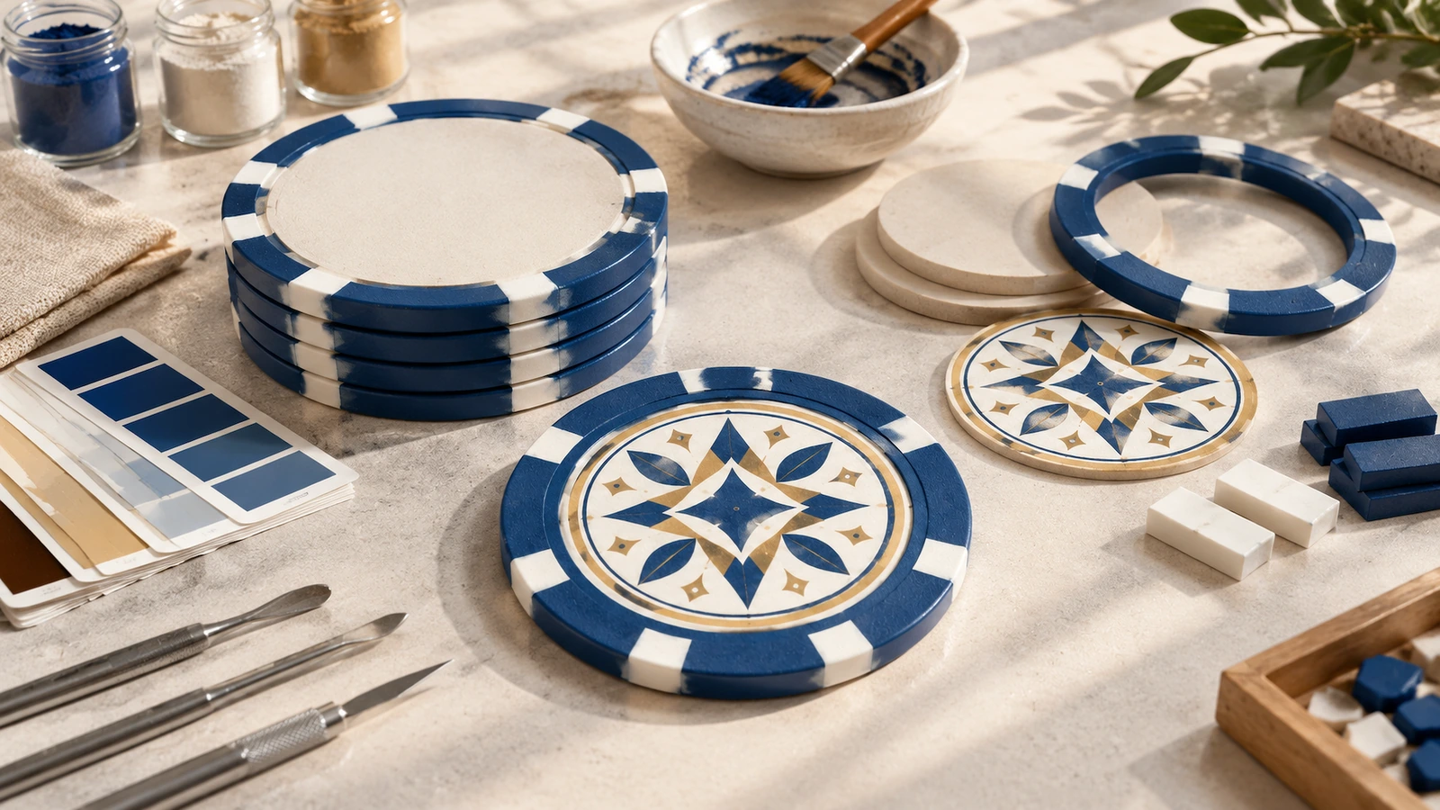 Custom clay-composite poker chips in use at a home game and corporate event table