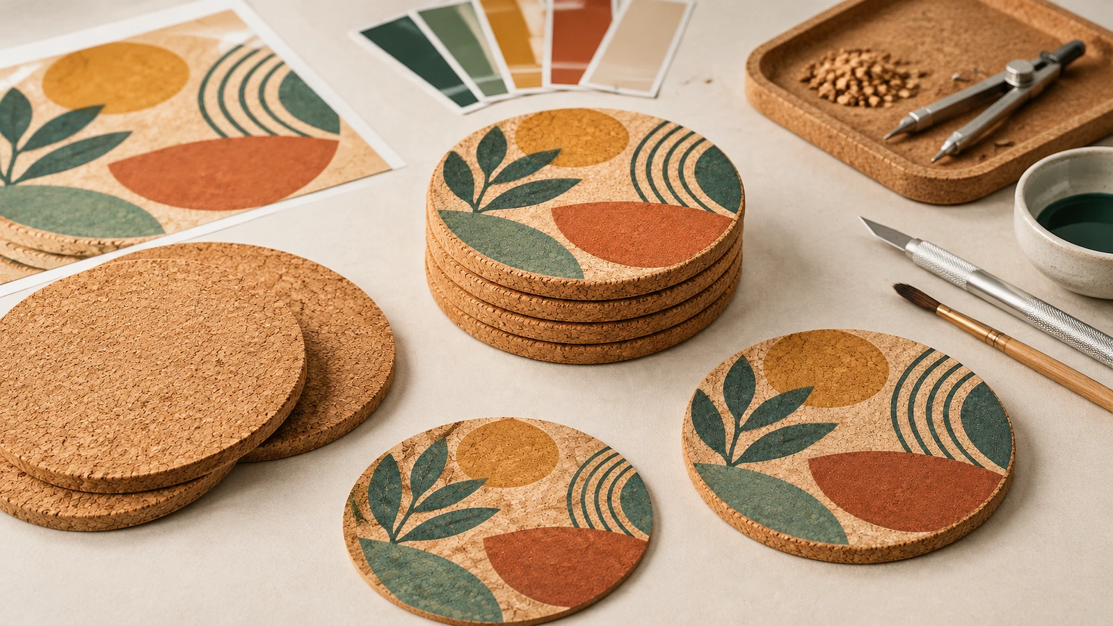 Custom cork coasters in bar and wedding use Custom cork coasters with a brewery logo on a bar counter beside wedding favor sets