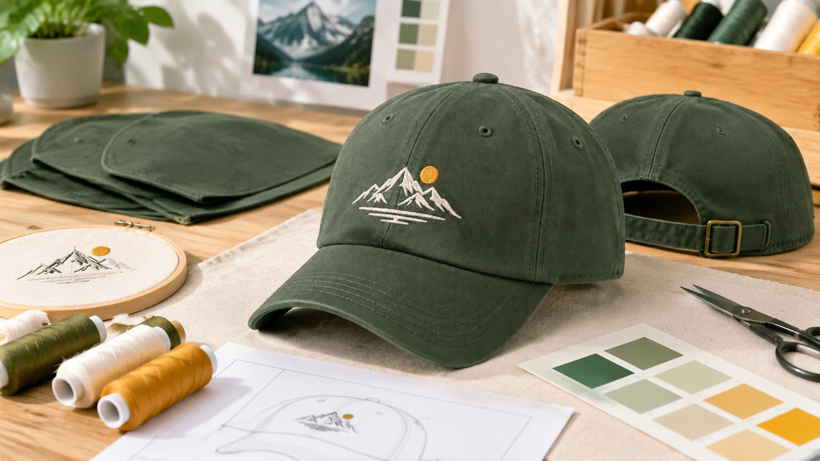 Team buyer reviewing custom embroidered 6-panel baseball caps for a company event
