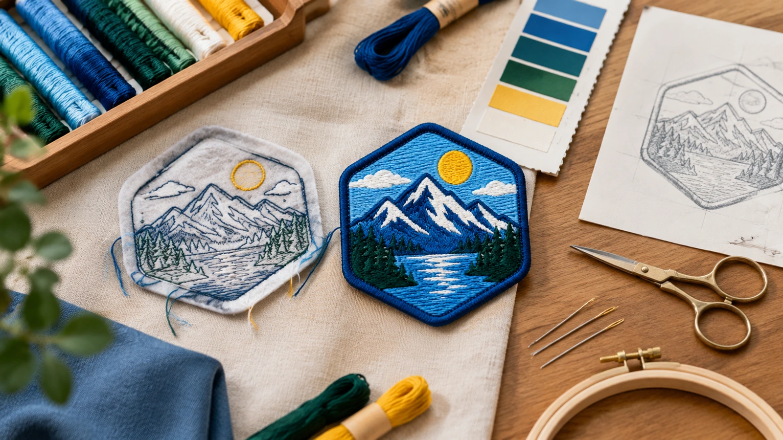 Custom embroidered patches on a work uniform, team jersey and denim jacket