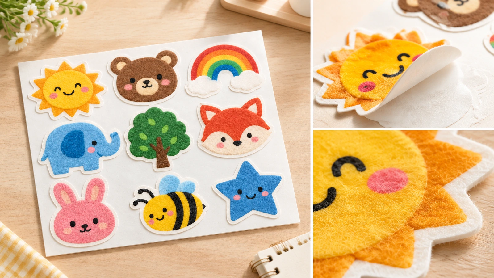 Felt sticker packaging, shipping, and reorder reference Flat-packed custom felt stickers between rigid boards in a labeled carton with reference sample for reorders